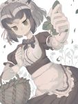  1girl alternate_costume animal_ears apron bangs basket black_bow black_hair bow bowtie clenched_hands closed_mouth commentary_request common_raccoon_(kemono_friends) dress dutch_angle enmaided extra_ears eyebrows_visible_through_hair flower foreshortening frills gloves green_eyes grey_hair hands_up highres holding kemono_friends leaf looking_at_viewer maid maid_headdress mochiyorinpun muted_color outstretched_arm puffy_short_sleeves puffy_sleeves raccoon_ears short_hair short_sleeves sidelocks solo upper_body waist_apron wavy_mouth white_gloves 