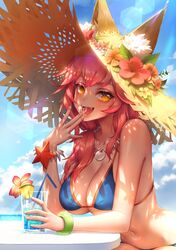  1girl animal_ear_fluff animal_ears beach_umbrella bikini blue_bikini breasts cleavage collarbone day ears_through_headwear fangs fate/grand_order fate_(series) flower food fox_ears hat highres ice ice_cube karesuki large_breasts looking_at_viewer ocean open_mouth outdoors pink_hair side-tie_bikini solo straw_hat sun_hat swimsuit tamamo_(fate)_(all) tamamo_no_mae_(swimsuit_lancer)_(fate) umbrella water yellow_eyes 