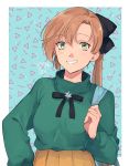  1girl akigumo_(kantai_collection) blue_background brown_hair green_eyes green_sweater hair_ribbon kantai_collection long_hair looking_at_viewer nakagomiyuki415 orange_skirt parted_lips ponytail ribbon skirt solo sweater upper_body 