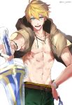  1boy abs arthur_pendragon_(fate) blonde_hair excalibur_(fate/prototype) fate/prototype fate_(series) green_eyes jewelry looking_at_viewer male_focus navel necklace open_mouth pvc_parfait simple_background smile solo twitter_username weapon white_background 