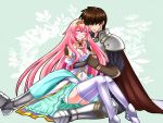  1boy 1girl 74 arm_warmers armor blue_background blush breasts brown_gloves cape closed_eyes covered_navel esther_(sennen_sensou_aigis) gloves grey_footwear hand_holding hand_on_another&#039;s_shoulder hetero long_hair medium_breasts pink_hair prince_(sennen_sensou_aigis) sennen_sensou_aigis sitting tiara very_long_hair white_footwear white_legwear 