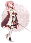 1girl black_gloves cape celica_(fire_emblem) celica_(fire_emblem)_(cosplay) closed_mouth cosplay detached_collar fingerless_gloves fire_emblem fire_emblem_echoes:_mou_hitori_no_eiyuuou full_body gloves hair_ornament hairband high_heels holding holding_sword holding_weapon mae_(fire_emblem) one_eye_closed pink_hair reinynii smile solo standing sword thigh-highs twintails weapon zettai_ryouiki 