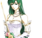  1girl bare_shoulders bouquet bride delsaber dress earrings elbow_gloves fire_emblem fire_emblem:_rekka_no_ken fire_emblem_heroes flower formal gloves green_eyes green_hair high_ponytail highres jewelry long_hair lyndis_(fire_emblem) ponytail simple_background solo strapless strapless_dress wedding_dress white_dress white_flower 