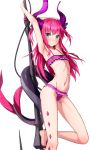 armpits bare_shoulders barefoot bikini blue_eyes blush bow curled_horns dragon_girl dragon_tail elizabeth_bathory_(fate) elizabeth_bathory_(fate)_(all) fang fate/grand_order fate_(series) frills hair_ribbon highres long_hair looking_at_viewer midriff nail_polish navel pink_hair pointy_ears polearm polka_dot polka_dot_bikini purple_bikini ribbon simple_background spear swimsuit tail tail_wrap takanashi_kei_(hitsujikan) two_side_up weapon white_background