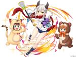  3girls :d animal_costume ball bangs bear_costume bell black_buruma black_legwear blue_eyes blush bow bowtie brown_hair buruma cat_costume clothes_writing commentary_request company_name dragon_girl dragon_horns dragon_tail dragon_wings dust eyebrows_visible_through_hair fang full_body green_eyes grey_hair hair_between_eyes hair_bow hair_ornament hairclip holding horns jingle_bell kinako_(monmusu_harem) kneehighs lacrosse lacrosse_stick long_hair looking_at_viewer monmusu_harem multiple_girls namaru_(summer_dandy) official_art open_mouth orange_bow orange_neckwear parted_bangs playing_sports pointy_ears red_bow red_ribbon red_scarf red_wings ribbon scarf scrunchie sharp_teeth shiny shiny_hair shiny_skin short_eyebrows short_sleeves sidelocks simple_background slit_pupils smile sparkle sport stuffed_animal stuffed_toy sweat tail teeth tsurime v-shaped_eyebrows white_background white_footwear wind wings wrist_scrunchie yellow_eyes yellow_scrunchie 