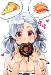  1girl asymmetrical_bangs bangs bare_arms bare_shoulders blush breasts chocolate_doughnut cleavage commentary_request doughnut dress eating eto_(nistavilo2) eyebrows_visible_through_hair food girls_frontline head_tilt holding holding_food korean large_breasts long_hair pizza red_eyes ribbon-trimmed_dress ribbon_trim silver_hair simple_background slice_of_pizza solo spas-12_(girls_frontline) strap_slip sushi translation_request white_background white_dress 