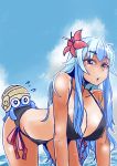  1girl all_fours bangs bikini black_bikini blue_hair breasts cleavage clouds creature creatures_(company) crossover curvy day eyebrows_visible_through_hair flower flying_sweatdrops game_freak gen_1_pokemon hair_flower hair_ornament hanging_breasts heiseikorotaisei huge_breasts kamishirasawa_keine leaning_forward long_hair looking_at_viewer midriff navel nintendo ocean omanyte on_ass one-piece_tan outdoors outline pokemon pokemon_(creature) red_eyes shell side-tie_bikini sky swimsuit tan tanline touhou 