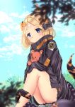  1girl abigail_williams_(fate/grand_order) babycado bangs bare_legs black_bow black_jacket blonde_hair blue_eyes blue_sky blurry blurry_foreground blush bow closed_mouth clouds cloudy_sky commentary crossed_bandaids day depth_of_field eyebrows_visible_through_hair fate/grand_order fate_(series) hair_bow hair_bun head_tilt highres jacket long_hair long_sleeves looking_at_viewer object_hug orange_bow outdoors parted_bangs polka_dot polka_dot_bow sky sleeves_past_fingers sleeves_past_wrists solo sparkle stuffed_animal stuffed_toy suction_cups teddy_bear tentacle 