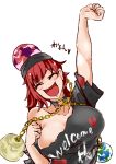  1girl arm_up bare_shoulders blush breasts chains choker closed_eyes clothes_writing collarbone earth_(ornament) fang happy hecatia_lapislazuli heiseikorotaisei huge_breasts moon_(ornament) off-shoulder_shirt polos_crown redhead shirt smile touhou upper_body 
