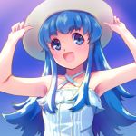  1girl :d armpits blue_background blue_eyes blue_hair eyebrows eyebrows_visible_through_hair hands_on_headwear happinesscharge_precure! hat highres long_hair looking_to_the_side open_mouth precure sayousuke shirayuki_hime smile solo upper_body white_hat 