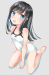  1girl asashio_(kantai_collection) bare_legs bare_shoulders barefoot black_hair blue_eyes blush breasts casual_one-piece_swimsuit collarbone comah commentary_request covered_navel eyebrows_visible_through_hair full_body hair_between_eyes hair_over_shoulder highres kantai_collection long_hair looking_at_viewer one-piece_swimsuit open_mouth simple_background sitting small_breasts solo swimsuit thighs white_swimsuit 