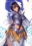  1girl angel bangs blue_sky boobplate breastplate breasts capelet closed_mouth clouds cloudy_sky day fate/grand_order fate_(series) hair_between_eyes holding holding_weapon hood hood_up hooded_capelet kyouya_(mukuro238) large_breasts looking_at_viewer navel ortlinde_(fate/grand_order) purple_hair red_eyes shield signature skirt sky solo standing valkyrie_(fate/grand_order) weapon white_capelet white_skirt wings 