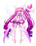  1girl aisha_(elsword) ankle_wings back_bow boots bow closed_mouth curly_hair dress elbow_gloves elsword full_body gloves hair_ornament highres holding holding_staff long_hair looking_at_viewer magical_girl magonuri metamorphy_(elsword) purple_bow purple_hair simple_background smile solo staff standing star star-shaped_pupils symbol-shaped_pupils thigh-highs thigh_boots twintails v violet_eyes white_background white_bow white_footwear white_gloves white_wings wings 