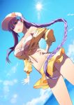  1girl bb_(fate)_(all) bb_(swimsuit_mooncancer)_(fate) blue_sky braid breasts cleavage clouds day eyebrows_visible_through_hair fate_(series) hand_on_hip hat ice_(ice_aptx) large_breasts long_hair looking_at_viewer navel ocean outdoors purple_hair single_braid sky solo star sun swimsuit violet_eyes white_hat 