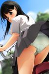  1girl ass bangs bicycle bicycle_basket black_eyes black_hair blue_sky blurry blurry_background blush clouds commentary_request covered_mouth day depth_of_field eyebrows_visible_through_hair green_panties grey_skirt ground_vehicle head_tilt highres long_hair looking_at_viewer looking_back matsunaga_kouyou original outdoors panties pleated_skirt shirt short_sleeves skirt sky solo underwear white_shirt 