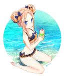  1girl abigail_williams_(fate/grand_order) bangs bare_arms bare_legs bare_shoulders barefoot bendy_straw bikini black_bikini black_bow blonde_hair blue_eyes blush bow breasts collarbone commentary_request dated day double_bun drinking_straw emerald_float fate/grand_order fate_(series) hair_bow holding jin_young-in long_hair looking_at_viewer ocean orange_bow outdoors parted_bangs parted_lips polka_dot polka_dot_bow side_bun sidelocks small_breasts solo swimsuit water 