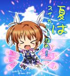 &gt;_&lt; 1girl :d armor armored_dress blue_sky brown_hair chibi clouds cloudy_sky commentary dated day eyebrows_visible_through_hair facing_viewer flying food hair_ribbon jacket light_particles lyrical_nanoha magical_girl mahou_shoujo_lyrical_nanoha_the_movie_3rd:_reflection ocean open_mouth outdoors outstretched_arms popsicle ribbon san-pon short_twintails skirt sky smile solo spread_arms takamachi_nanoha translated twintails twitter_username watermelon_bar white_jacket white_ribbon white_skirt 