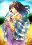  1girl bangs blue_eyes blue_sky blurry blurry_background blush book breasts brown_hair brown_sweater cardigan closed_mouth collarbone covered_navel dress floral_print hair_between_eyes hairband holding holding_book idolmaster idolmaster_cinderella_girls jewelry large_breasts long_hair necklace nohito open_cardigan open_clothes purple_dress sagisawa_fumika shawl sky smile solo sweater 