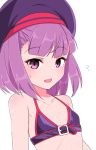  1girl bare_arms bare_shoulders blue_bra blush bra chawan_(yultutari) commentary_request embarrassed fate/grand_order fate_(series) flat_chest flying_sweatdrops hat helena_blavatsky_(fate/grand_order) highres looking_at_viewer parted_lips purple_hair purple_hat simple_background solo sweatdrop underwear upper_body violet_eyes white_background 