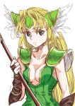  1girl blonde_hair blue_eyes breasts cleavage commentary_request gloves helmet long_hair polearm riesz s-a-murai seiken_densetsu seiken_densetsu_3 solo spear very_long_hair weapon 