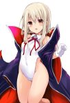  1girl bb_(fate)_(all) bb_(swimsuit_mooncancer)_(fate) bb_(swimsuit_mooncancer)_(fate)_(cosplay) blonde_hair blush breasts cloak commentary_request cosplay covered_navel eyebrows_visible_through_hair eyes_visible_through_hair fate_(series) gloves hair_between_eyes illyasviel_von_einzbern leotard looking_at_viewer open_mouth sen_(astronomy) small_breasts solo white_gloves white_leotard wide_sleeves 