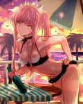  1girl bikini bottle breasts cleavage closed_mouth cowboy_shot cup drinking_glass fate/grand_order fate_(series) glass hand_on_hip highres leaning_forward long_hair looking_at_viewer medb_(fate)_(all) medb_(swimsuit_saber)_(fate) medium_breasts navel palm_tree pink_hair signature smile solo sunset swimsuit table tiara tree twintails water wine_bottle yellow_eyes yuu_(pixiv769259) 