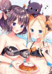  2girls :d :q abigail_williams_(fate/grand_order) bangs bare_shoulders bikini black_bikini black_bow blonde_hair blush bow breasts cleavage closed_mouth collarbone commentary day double_bun eighth_note emerald_float fate/grand_order fate_(series) fingernails food fork hair_bow heart highres holding holding_fork holding_plate katsushika_hokusai_(fate/grand_order) large_breasts long_hair masayo_(gin_no_ame) multiple_girls musical_note navel open_mouth orange_bow outdoors painting_summer pancake parted_bangs plate polka_dot polka_dot_bow purple_hair side_bun sidelocks smile spoken_musical_note swimsuit tokitarou_(fate/grand_order) tongue tongue_out unmoving_pattern violet_eyes water 