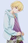  1boy blonde_hair camouflage camouflage_pants child_gilgamesh commentary_request cowboy_shot fate/stay_night fate_(series) grey_background grey_jacket highres hood hooded_jacket jacket looking_down male_focus mi_(pic52pic) pants pulled_by_self purple_shirt red_eyes shirt shirt_pull solo standing 