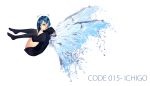  1girl black_hoodie blue_hair blue_wings butterfly_wings commentary darling_in_the_franxx earrings full_body green_eyes hair_ornament hairclip halo ichigo_(darling_in_the_franxx) jewelry rebyo short_hair solo thigh-highs white_background wings 