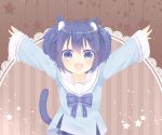  1girl :d animal_ears antenna_hair arms_up artist_name bangs blue_bow blue_eyes blue_hair blue_shirt blue_skirt blush bow cat_ears cat_girl cat_tail commentary_request eyebrows_visible_through_hair fang fingernails hair_between_eyes happy_sugar_life highres kemonomimi_mode koube_shio long_sleeves looking_at_viewer open_mouth outstretched_arms plaid plaid_skirt sailor_collar school_uniform serafuku shirt skirt sleeves_past_wrists slit_pupils smile solo spread_arms star striped striped_background striped_bow tail tail_raised usagimiko vertical-striped_background vertical_stripes white_sailor_collar wide_sleeves 