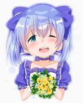  1girl ;d bangs blue_bow blue_choker blue_eyes blue_hair bouquet bow cacao_(chocolat) choker collarbone crying crying_with_eyes_open eyebrows_visible_through_hair flower frilled_shirt frills gloves grey_background hair_between_eyes hair_bow head_tilt heart highres holding holding_bouquet nijisanji one_eye_closed open_mouth puffy_short_sleeves puffy_sleeves round_teeth shirt short_sleeves simple_background smile solo tears teeth twintails upper_teeth virtual_youtuber white_flower white_gloves white_shirt yellow_flower yuuki_chihiro 