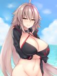 1girl ahoge bangs beach bikini black_bikini black_gloves black_jacket blue_sky blush bottomless breast_hold breasts choker cleavage cropped_jacket fate/grand_order fate_(series) gloves highres hips jacket jeanne_d&#039;arc_(alter_swimsuit_berserker) jeanne_d&#039;arc_(fate)_(all) kuavera large_breasts long_hair looking_at_viewer navel no_panties o-ring ocean out-of-frame_censoring silver_hair sky smile solo swimsuit very_long_hair waist yellow_eyes