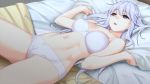  1girl blue_eyes bow bow_bra bow_panties bra breasts collarbone eyebrows_visible_through_hair game_cg ino large_breasts long_hair lying minagi_ako navel no!_body_knows official_art on_back on_bed open_mouth panties solo underwear underwear_only w_arms white_bra white_hair 
