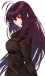  1girl antenna_hair bangs breasts closed_mouth fate/grand_order fate_(series) highres lips long_hair long_sleeves looking_at_viewer looking_back makimura_shunsuke medium_breasts purple_hair red_eyes scathach_(fate)_(all) scathach_(fate/grand_order) sidelocks simple_background smile upper_body white_background 