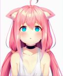  1girl ahoge animal_ears black_choker blue_eyes blush choker commentary_request ears_down grey_background hinata_channel long_hair looking_at_viewer loose_clothes loose_shirt low_twintails nekomiya_hinata parted_lips pink_hair sad shirt simple_background sleeveless sleeveless_shirt solo soya_(torga) twintails upper_body white_shirt 