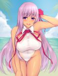  1girl bangs bare_shoulders bb_(fate)_(all) bb_(swimsuit_mooncancer)_(fate) beach blue_sky blush breasts covered_navel dark_skin fate/extra fate/extra_ccc fate/grand_order fate_(series) hair_ribbon hand_behind_head hips kuavera large_breasts leaning_forward leotard long_hair looking_at_viewer neck_ribbon ocean open_mouth purple_hair red_ribbon ribbon sky smile solo tan thighs very_long_hair violet_eyes white_leotard 