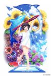  1girl :d arms_up bangs bare_legs barefoot black_hair blue_eyes blue_sky blush clouds copyright_request dolphin dress eyebrows_visible_through_hair fan fireworks flower headphones highres holding holding_pen jenevan leg_up looking_at_viewer official_art open_mouth oversized_object paper_airplane paper_fan pen shaved_ice short_hair short_sleeves simple_background sky smile solo standing standing_on_one_leg sunflower tablet uchiwa water_drop watermark watermelon_seeds white_background white_dress wind_chime 