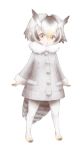  1girl arms_at_sides bird_tail bird_wings coat eyebrows_visible_through_hair full_body fur-trimmed_sleeves fur_collar fur_trim grey_coat grey_hair hair_between_eyes head_wings ise_(0425) kemono_friends long_sleeves looking_at_viewer multicolored_hair northern_white-faced_owl_(kemono_friends) orange_eyes pantyhose shoes short_hair silver_hair simple_background solo standing white_background white_legwear wings 