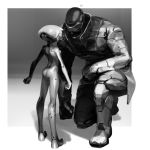  1boy 1girl arm_on_knee ass bodysuit clenched_hand commentary_request cybernetic_parts cyborg greyscale hand_on_floor heart helmet high_collar jacket kneeling monochrome open_mouth original prosthesis prosthetic_leg sage_(mami1210) shadow size_difference 