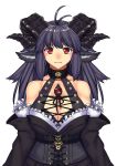  1girl absurdres animal_ears antenna_hair bare_shoulders black_sclera breasts closed_mouth commentary_request corset curled_horns demon_girl extra_eyes highres horns large_breasts long_hair looking_at_viewer monster_girl off_shoulder original purple_hair red_eyes simple_background smile solo third_eye upper_body white_background yui_sora 