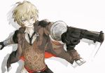  1boy aiming billy_the_kid_(fate/grand_order) blonde_hair blue_eyes bracer drawing_gun fate/grand_order fate_(series) gun handgun jacket male_focus necktie revolver smile weapon white_background 