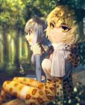  2girls blonde_hair blush breasts brown_hair closed_mouth eyebrows_visible_through_hair gloves grey_gloves grey_hair highres hiirotaka jaguar_(kemono_friends) kemono_friends large_breasts looking_at_viewer looking_away multicolored_hair multiple_girls open_mouth short_hair sitting small-clawed_otter_(kemono_friends) smile thigh-highs white_hair 