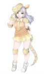 1girl armadillo_ears armadillo_tail bangs black_eyes black_hair blunt_bangs elbow_pads extra_ears eyebrows_visible_through_hair full_body giant_armadillo_(kemono_friends) hat ise_(0425) kemono_friends knee_pads long_hair miniskirt necktie open_mouth orange_vest pleated_skirt shoulder_pads simple_background skirt solo tail teeth white_background wrist_guards yellow_skirt