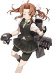  1girl bike_shorts black_gloves black_shorts black_skirt black_vest brown_hair cannon fingerless_gloves gloves green_neckwear green_ribbon hair_ribbon highres kagerou_(kantai_collection) kantai_collection looking_at_viewer machinery one_eye_closed pleated_skirt remodel_(kantai_collection) ribbon shirt short_sleeves shorts shorts_under_skirt simple_background skirt smokestack solo torpedo_launcher turret twintails uni_(uni-strain) vest violet_eyes white_background white_ribbon white_shirt 