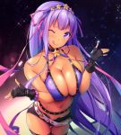  1girl bb_(fate)_(all) bb_(fate/extra_ccc) bb_(swimsuit_mooncancer)_(fate) bikini blush breasts cleavage dark_skin fate/grand_order fate_(series) fingerless_gloves gloves gyaru hair_ribbon kongeraatio large_breasts long_hair navel one_eye_closed purple_hair ribbon short_shorts shorts sky solo star_(sky) starry_sky sweat swimsuit tan thigh_gap tongue tongue_out very_long_hair violet_eyes 