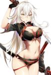  1girl ahoge bikini black_bikini black_jacket breasts choker cleavage commentary_request cowboy_shot eyebrows_visible_through_hair fate/grand_order fate_(series) gloves hair_between_eyes holding holding_sword holding_weapon jacket jeanne_d&#039;arc_(alter_swimsuit_berserker) jeanne_d&#039;arc_(fate)_(all) katana large_breasts long_hair o-ring sheath sheathed solo swimsuit sword weapon white_background white_hair yellow_eyes yusan 