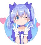  1girl ;3 bangs blue_background blue_bow blue_choker blue_eyes blue_hair bow cacao_(chocolat) center_frills choker closed_mouth collarbone commentary_request double_v eyebrows_visible_through_hair frills gloves hair_between_eyes hair_bow hands_up heart highres long_hair nijisanji one_eye_closed puffy_short_sleeves puffy_sleeves shirt short_sleeves sidelocks solo twintails two-tone_background upper_body v virtual_youtuber white_background white_gloves white_shirt yuuki_chihiro 
