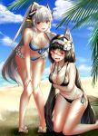  2girls animal_ears beach bikini black_bikini black_hair blue_bikini blush breast_hold breasts collarbone crossed_arms dragon_horns fate/grand_order fate_(series) flower fox_ears glasses hair_bobbles hair_flower hair_ornament hairband hand_on_own_cheek hand_on_own_knee highres horns kiyohime_(fate/grand_order) kiyohime_(swimsuit_lancer)_(fate) kneeling lady_foxy leaning_forward long_hair looking_at_viewer low_twintails magatama_necklace multiple_girls ocean open_mouth osakabe-hime_(fate/grand_order) palm_tree ponytail rectangular_eyewear red-framed_eyewear red_eyes rukinya_(nyanko_mogumogu) sandals shadow side-tie_bikini silver_hair swimsuit tree twintails very_long_hair wavy_mouth 