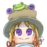  1girl :&gt; animal_on_head avatar_icon blonde_hair blush chamaji close-up commentary_request eyebrows_visible_through_hair face frog frog_eyes hair_ribbon hat looking_at_viewer lowres moriya_suwako on_head ribbon signature simple_background solo touhou tress_ribbon violet_eyes white_background 