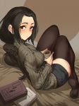  1girl antenna_hair black_hair black_legwear blush book breasts brown_eyes coffee coffee_mug cup eyelashes half-closed_eyes long_sleeves looking_at_viewer medium_breasts mug original ponytail r8-18 shorts sweater thigh-highs turtleneck turtleneck_sweater 